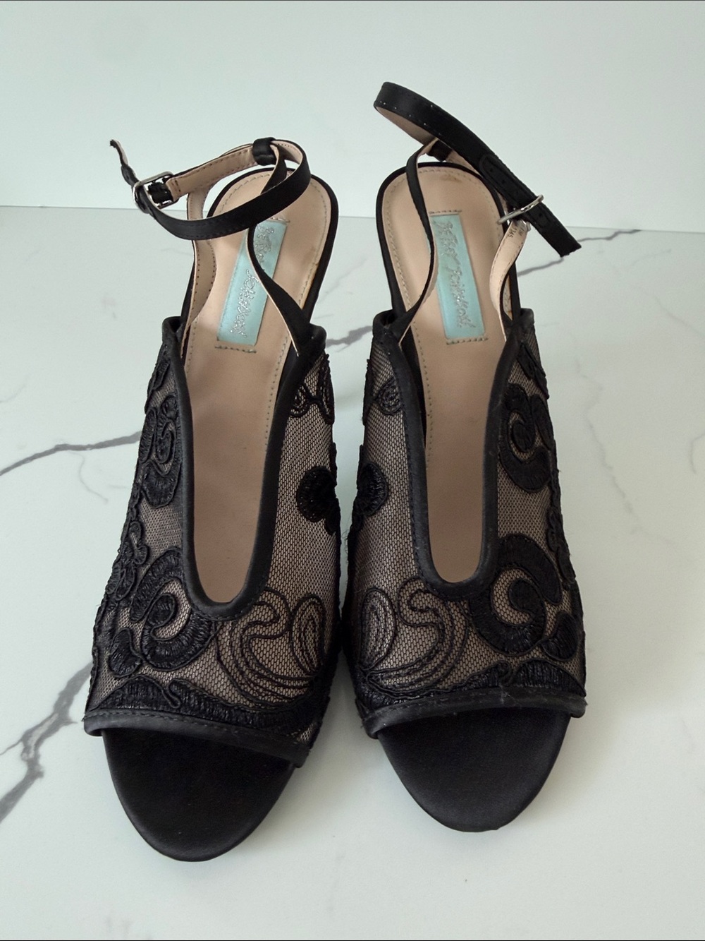 Betsey Johnson Black Lace Mesh Peep-Toe Slingback Heels